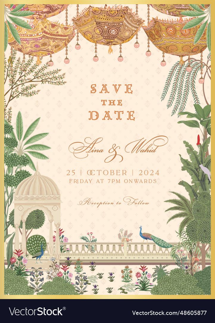 save the date card with tropical plants and birds