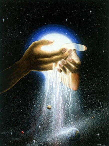 two hands reaching towards each other in front of the moon and stars, with planets around them