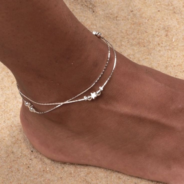 Beautiful 925 Sterling Silver Double Look Anklet. Ankle Bracelets Silver, Elegant Sterling Silver Bracelets For Summer, Elegant Silver Ankle Wrap Jewelry, Elegant Sterling Silver Anklets For Summer, Aesthetic Silver Anklets, Silver Anklet Aesthetic, Anklets Silver, Hypoallergenic Silver Bracelets For Summer, Silver Anklet