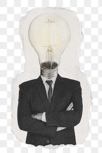 a man in a suit with a light bulb on his head and arms crossed over his chest