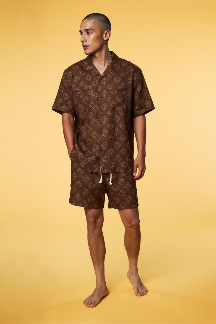 Men’s Pajama Set - Brown Geo Short - 1 of 5 Mens Matching Sets, Print Shorts Outfit, Island Outfits, Old Clothes Refashion, Island Outfit, Packing Guide, Afro Punk, Camp Shirt, Lounge Shorts