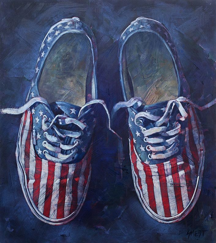 a painting of an american flag painted on old tennis shoes with the soles still attached