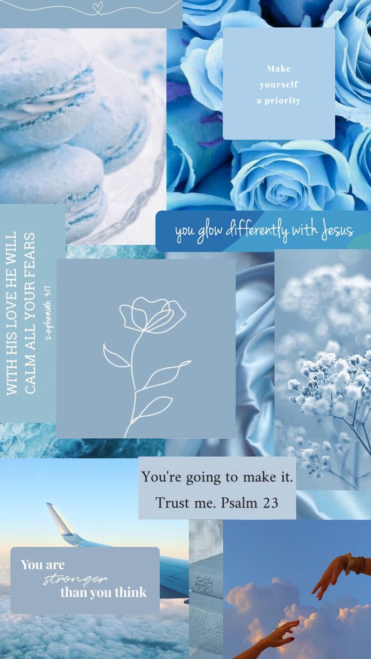 a collage with blue flowers and clouds in the background, including words that read you're going to make it trust me palm 23