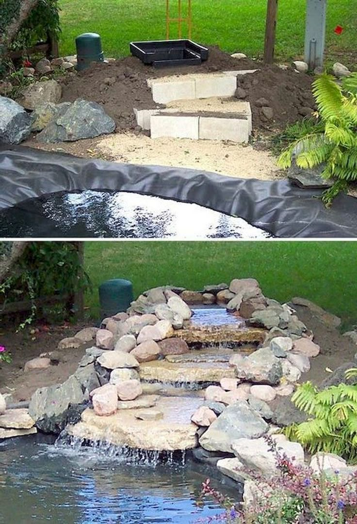 two different views of a pond with rocks and water flowing from the bottom to the bottom