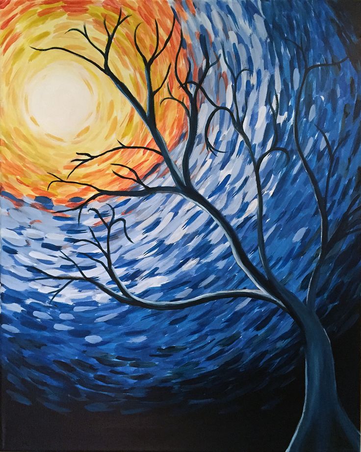 a painting of a tree with the sun in the background and blue sky behind it