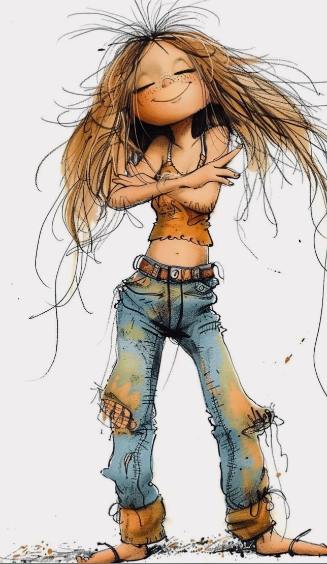 a drawing of a girl with her hair blowing in the wind, wearing ripped jeans