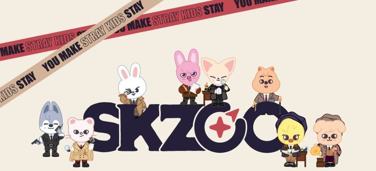 the skoo characters are lined up in front of a red ribbon