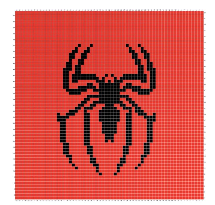 a red and black spider is shown on the side of a square tile with an orange background