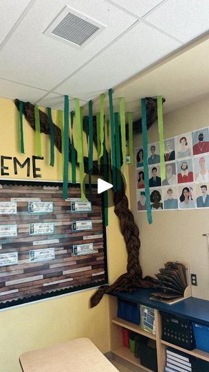 an office decorated with green streamers and pictures