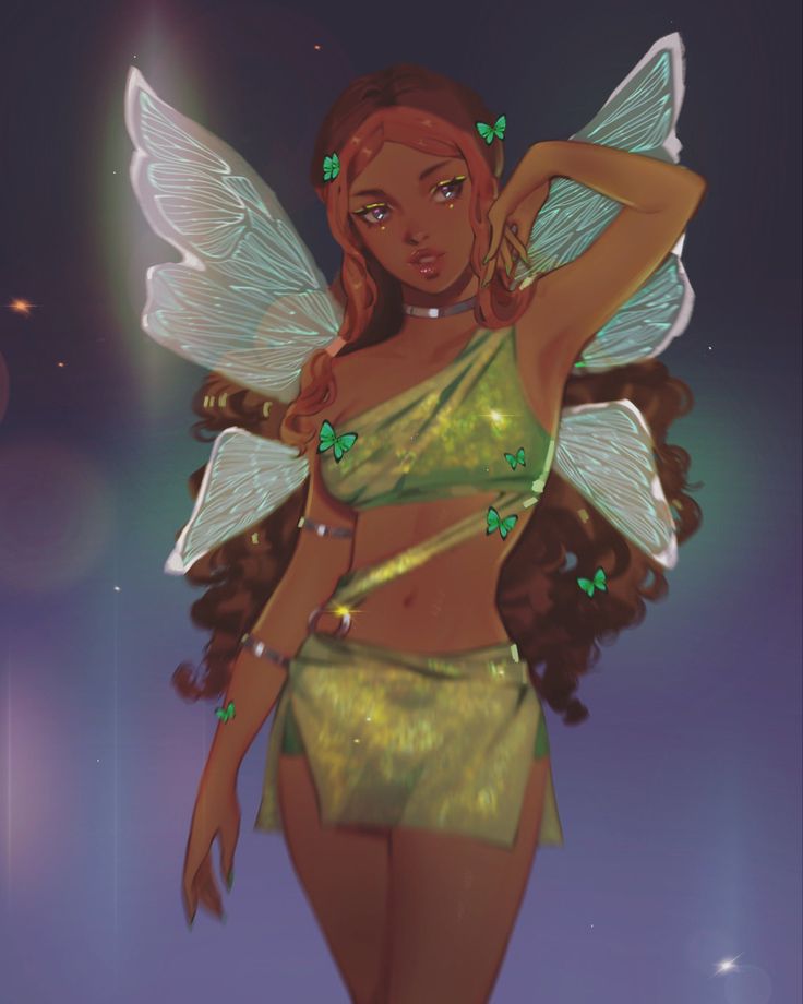 a woman dressed as a fairy standing in the dark with her hands on her hips