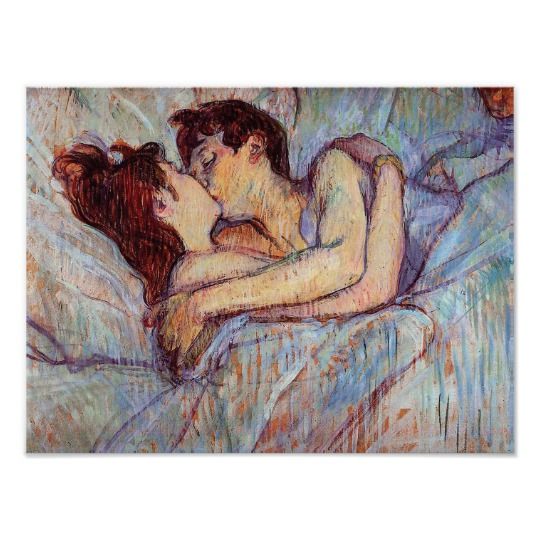 a painting of two people laying in bed with one kissing the other's head