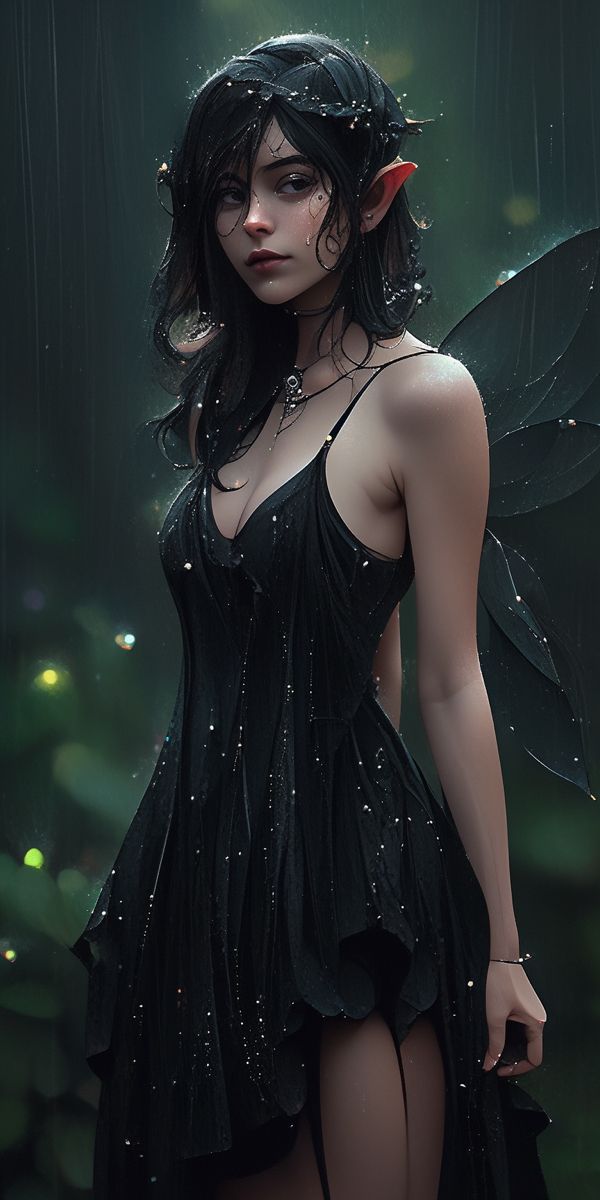 a woman dressed as a fairy standing in the rain