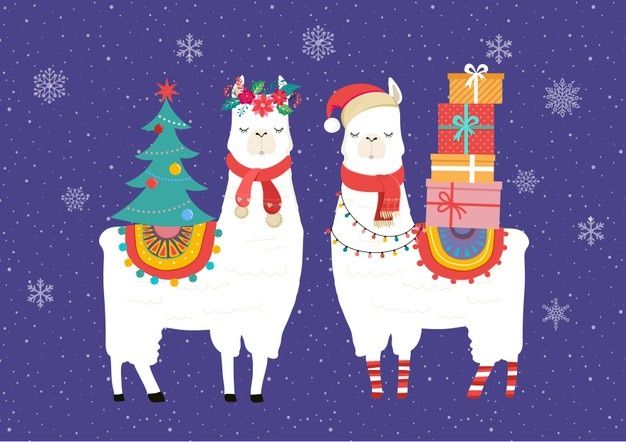 two llamas with christmas presents on their back in front of snowflakes