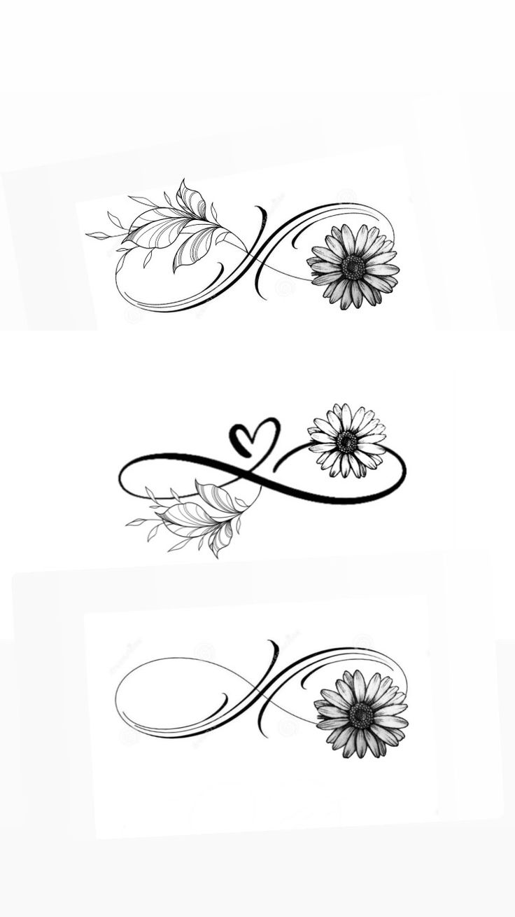 two flower tattoos with hearts and swirls on the side, one is black and white