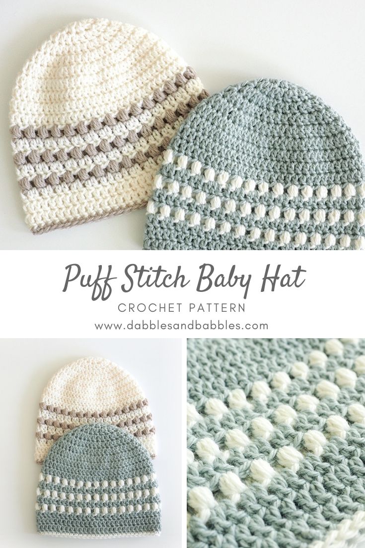 three different crocheted hats with the words puff stitch baby hat written in white and gray