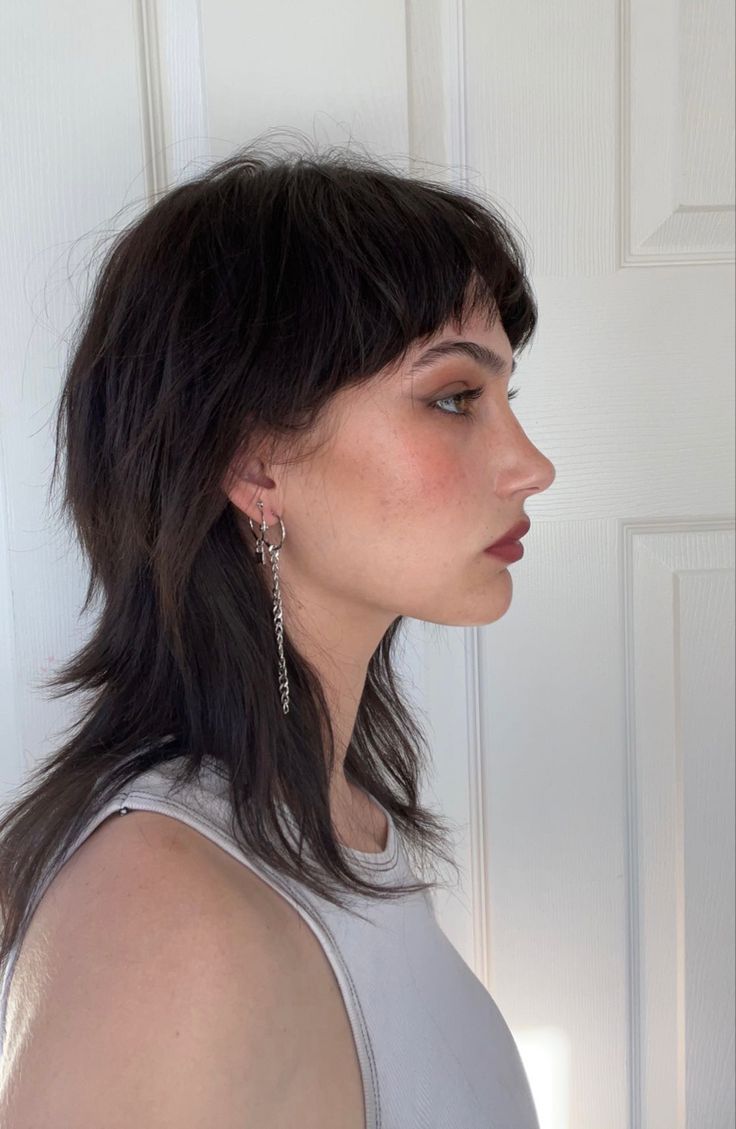 Women’s Mullet Straight Hair, Medium Length Mullet Shag, Brunette Mullet Women, Undercut Medium Length Hair Women, Shag Mullet Straight Hair Medium, Grown Out Mullet Straight Hair, Shag No Bangs Straight Hair, 70s Shag Mullet Women, Alternative Haircuts Straight Hair