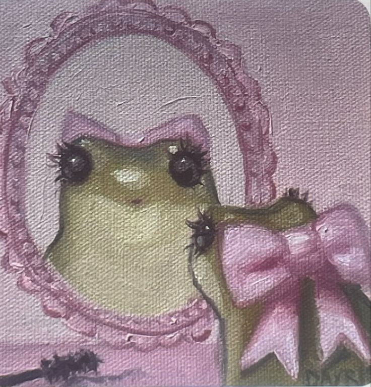 a painting of a frog with a pink bow on it's head in front of a mirror