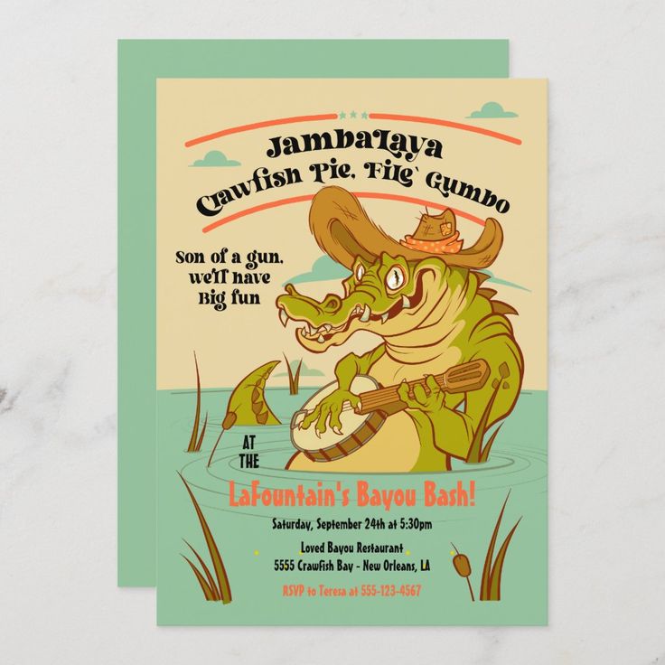 an alligator birthday party card with the words,'gatorin's bayou '