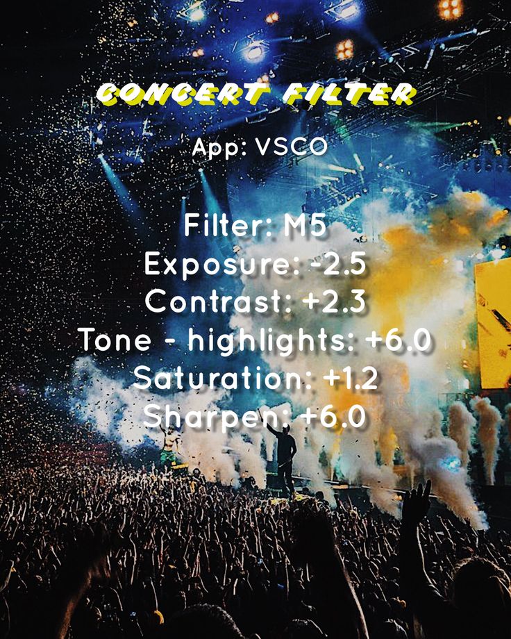 concert flyer with stage lights and confetti in the background text reads concert filter app v5 0 exposure 2 5 contrast 1 3 tone highlights 10 saturation 11 12 sharpen