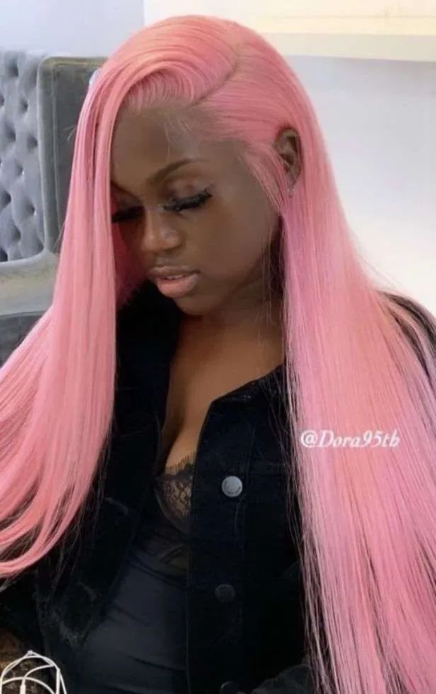 Pink Hair On Dark Skin, Pink Hair Dark Skin, Hot Pink Wigs, Bright Colored Hair, Pink Lace Wig, Hair Color For Dark Skin, Long Hair Clip, Pink Hair Color, Light Pink Hair