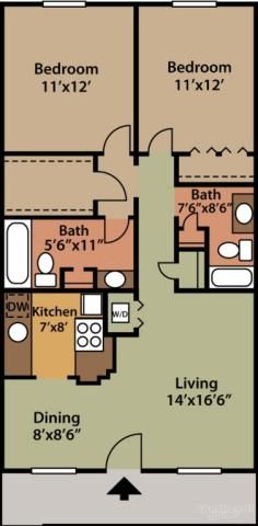 the floor plan for a two bedroom apartment with an attached kitchen and living room area