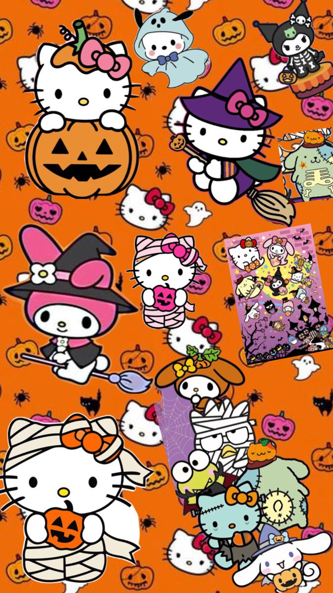 an orange background with hello kitty and other halloween related items on it, including pumpkins