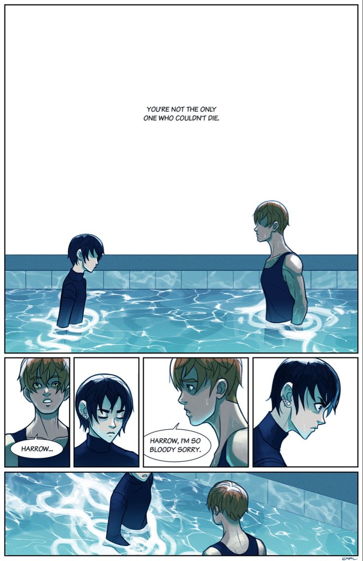 a comic strip with an image of two people in the water and one is looking at another