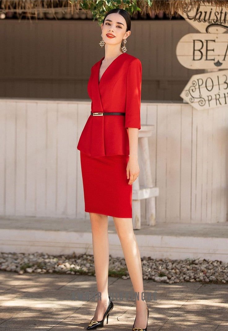 Elegant Red Three Quarter Sleeves Pantsuits and Skirt suits Description: Peak lapels; front button blazer V-Neck, Long sleeves; button cuffs. Structured shoulders. Polyester 100% Imported Brand - Aision Model Number - CP1341 Washing Care: Dry Clean Red Skirt Suit, Red Business Outfit, Women's Business Suits, Women Pant Suits, Aw 23, Womens Skirt Suits, Mid Size Fashion, Gowns Dresses Elegant