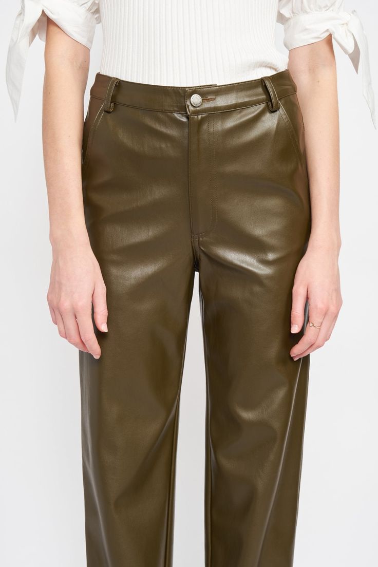 Set the tone for the season! En Saison Vegan Leather Pants Olive Color Handwash Extra Small Waist 25" Hips 35" Bust 33" Small Waist 27" Hips 37" Med W 29" H 39" Large W 31" H 41" Vegan Leather Pants, Leather Trousers, Olive Color, Small Waist, Vegan Leather, Leather Pants, Trousers, Boutique, Pants