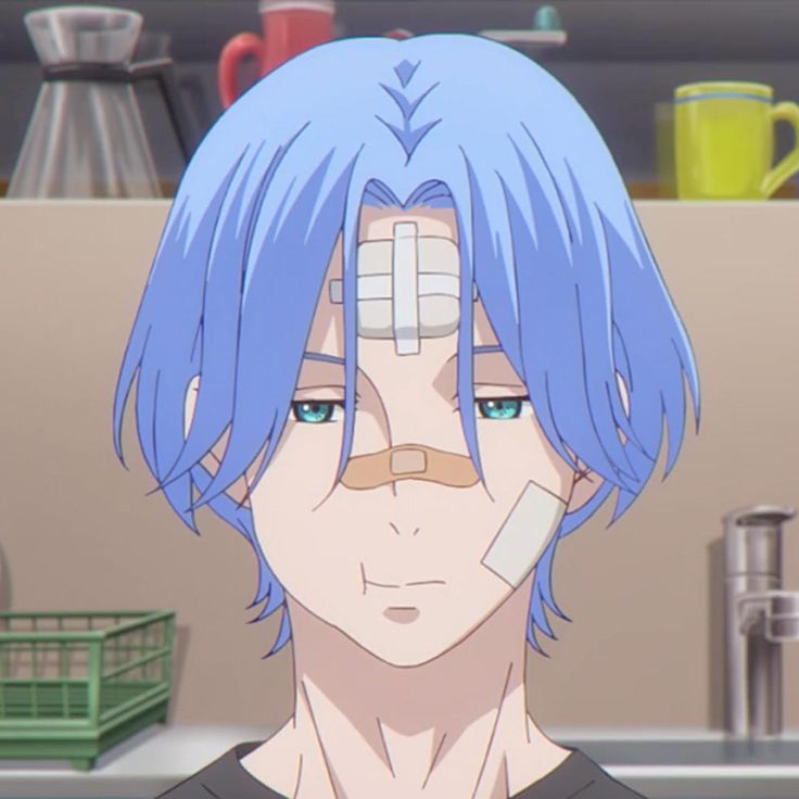 an anime character with blue hair in a kitchen