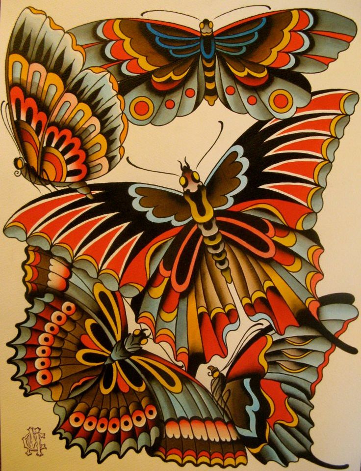 a drawing of two butterflies with different colors and patterns on their wings, one is orange, the other is brown