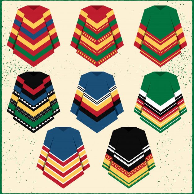 colorful sweaters are arranged in rows on a white background with green and red stripes