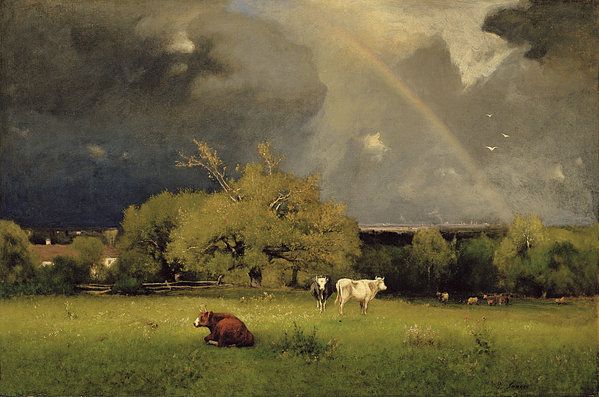 a painting of cows in a field with a rainbow