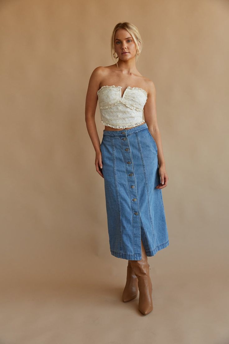 denim button up midi skirt - high waist medium wash denim skirt - 2023 fall trens Denim Blue High Waist Skirt With Button Closure, High Waist Denim Blue Skirt With Button Closure, Spring High Waist Denim Skirt For Day Out, Dark Wash Button Skirt For Summer, Denim Blue Bottoms With Button Closure For Day Out, Fitted Medium Wash Denim Midi Skirt, Fitted Dark Wash Denim Midi Skirt, Denim Button Skirt For Summer, Denim Blue Mid-rise Skirt With Button Closure