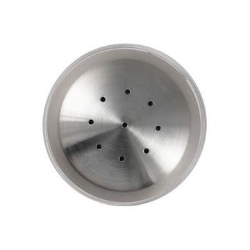 a stainless steel strainer with holes in the center on a white back ground, viewed from above