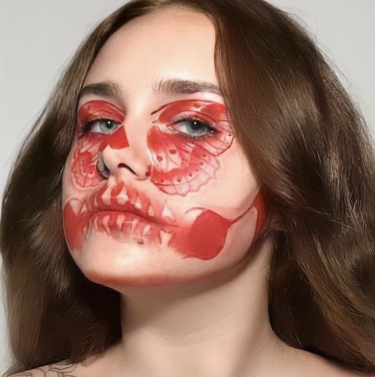 Heart Skull Makeup, Red Catrina Makeup, Butterfly Skull Makeup, Red Skeleton Makeup, Skull Makeup Glam, Red Skull Makeup, Skull Makeup Halloween, Harry Styles Butterfly, Halloween Ideias