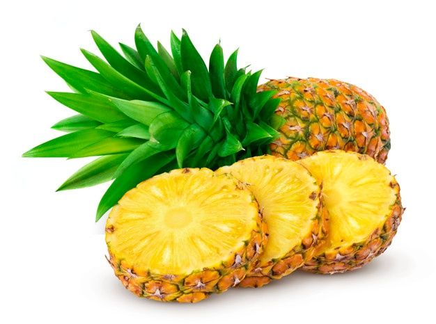 three pineapples with one cut in half and the other whole on a white background