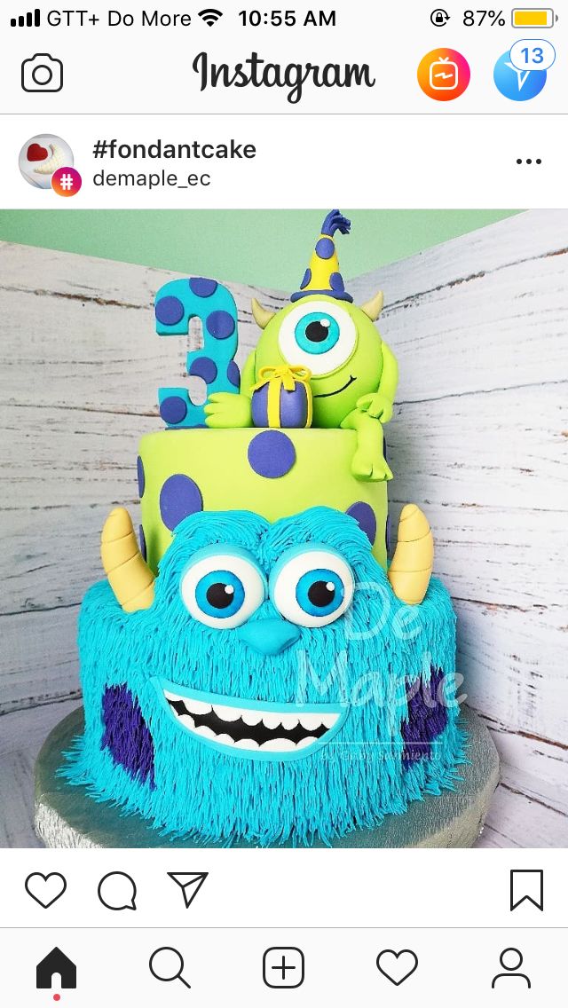 a birthday cake decorated with blue and green frosting, monsters on top is shown