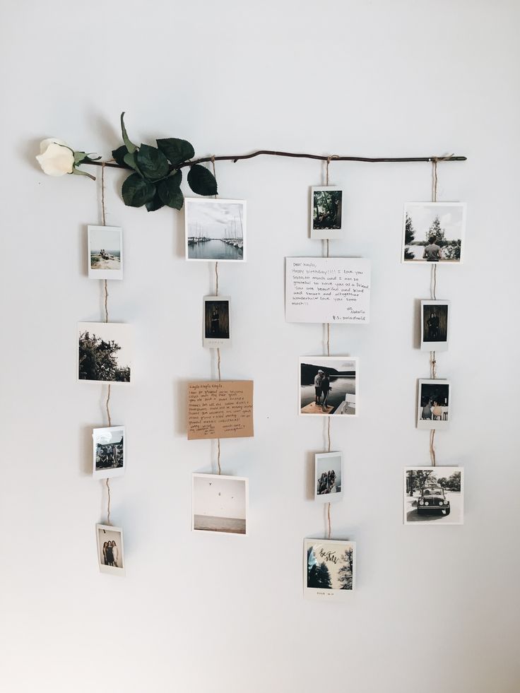 a bunch of pictures hanging on a wall with some flowers in the middle and photos attached to them