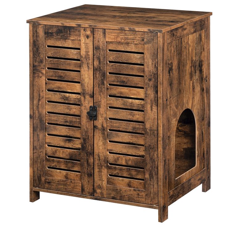 an old wooden cabinet with shutters on the doors and one door open to reveal a dog house