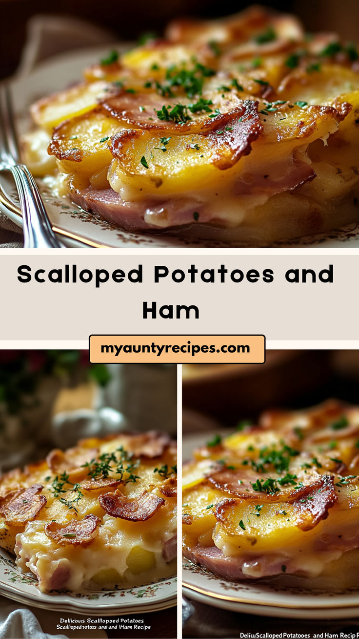 two pictures of ham and potatoes on a white plate with silver serving utensils