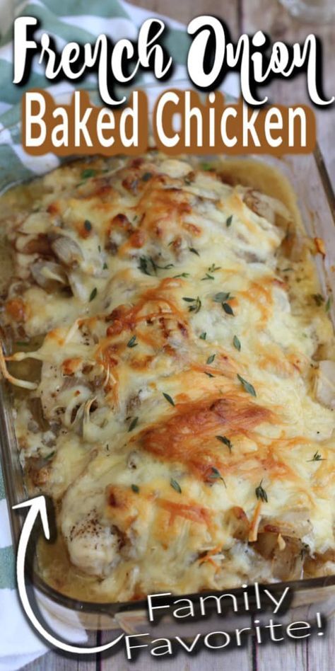 french onion baked chicken in a casserole dish on a wooden table with text overlay