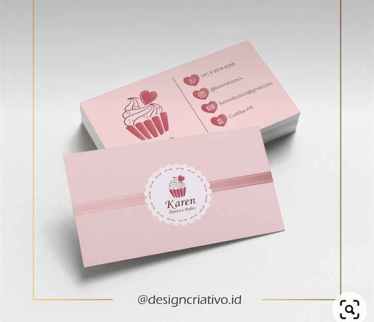 two pink business cards with cupcakes on them