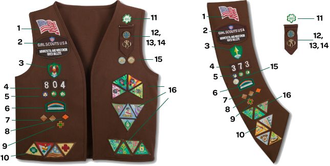 an image of a brown vest with patches and numbers on the front, back and sides