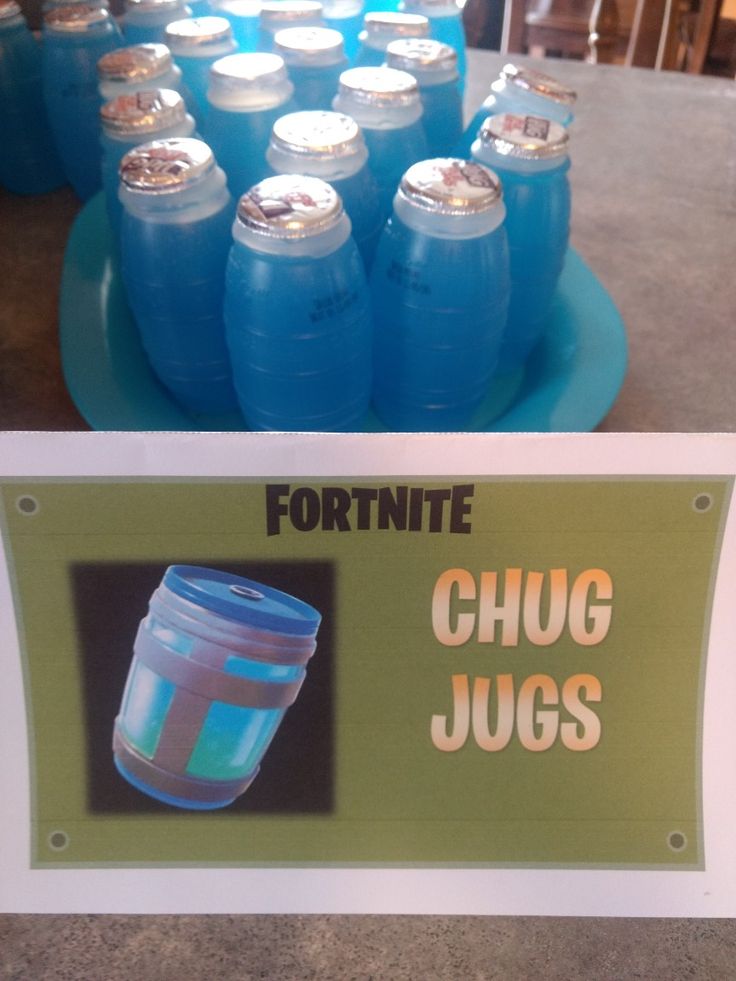 there is a sign that says fortnite chug jugs on the table