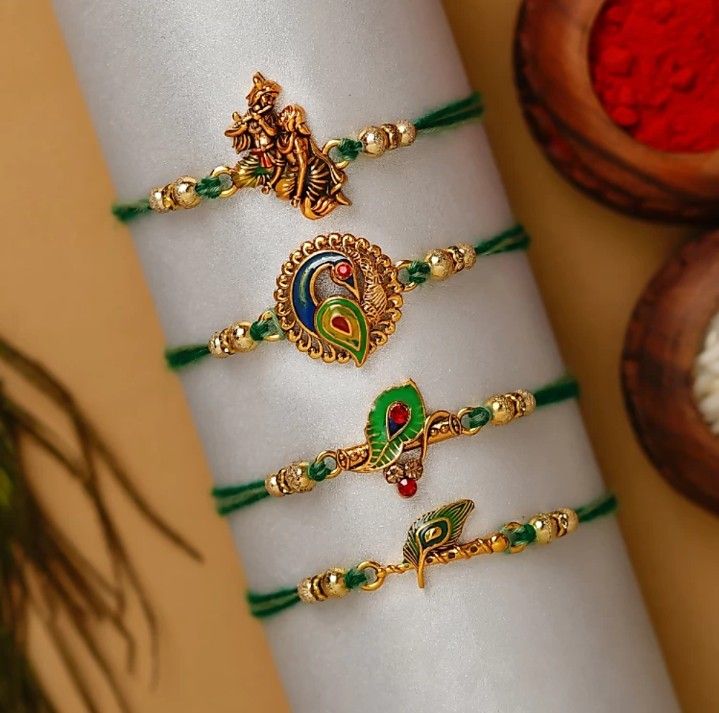 Peacock Krishna, Krishna Rakhi, Krishna Playing Flute, Rakhi Special, 3 Strand Twist, Handmade Rakhi Designs, Flower Jewelry Designs, Playing Flute, Rakhi For Brother