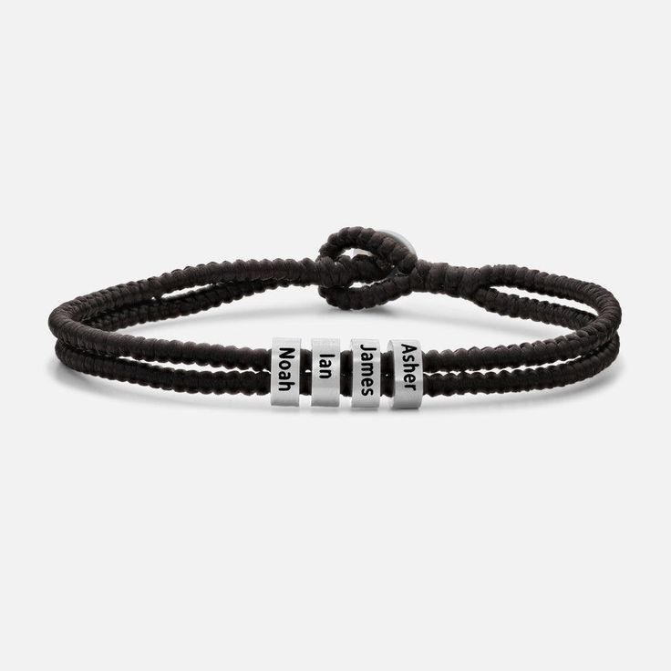 Engraving bracelet for men - James Silver. An exciting and amazing gift for your man! What's more exciting than a piece of jewelry engraved with the names of your treasures? A gift that combines style, quality and emotion! The black wax cord combined with the beads gives a sporty and stylish look. 100% handmade SKU : SOPST016 Size : The bracelet is 8" or 8.5" long. Color : Black Material : Wax Cord 10.5 mm | Stainless steel Engraving Bracelet, Chains Necklaces, Bracelet For Men, Your Man, Silver Bracelets, Bracelets For Men, The Black, Best Gifts, Wax