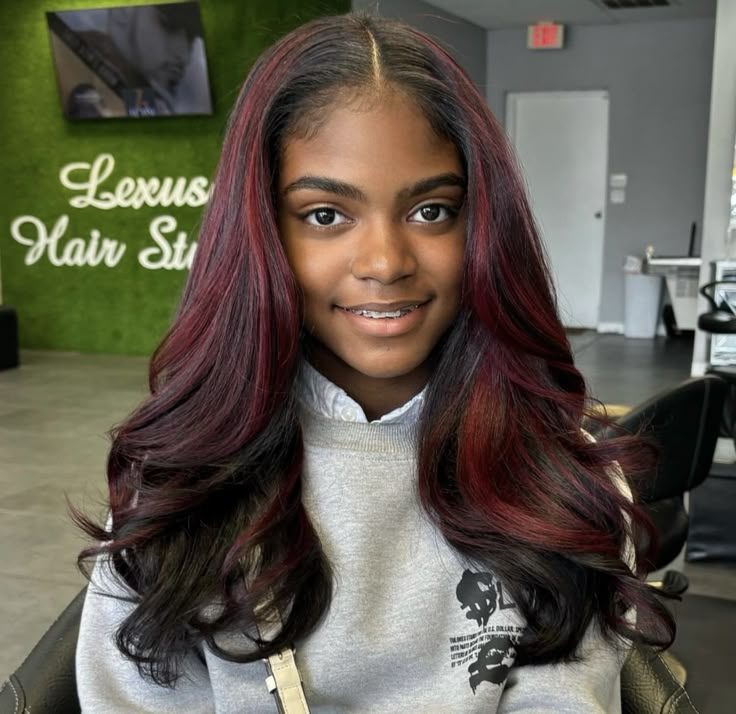 Burgundy Wig Highlights, Burgundy Hair With Outfits, Black Hair On Top Red Underneath, Red And Brown Hair Black Women, Burgundy Hair Black Roots, Black And Red Quick Weave, Burgundy Flip Over Quick Weave, Burgundy Hair Peekaboo, Dark Red Streaks In Brown Hair