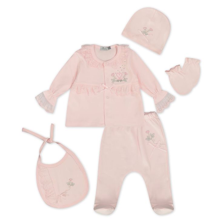 The sweetest get-up for your tiny bundle. With floral lace trimming, bows of ribbon, and a ruffle collar, this piece is the perfect ensemble for a day of exploration or lounging at home. Includes a a charming long-sleeved top, footie pants, bonnet, bib, and mittens for scratch-free days. Feminine Pink Ruffled Sets, Pink Feminine Sets With Ruffles, Feminine Pink Sets With Ruffles, Pink Playtime Sets With Ruffles, Pink Lace Trim Sets For Spring, Cute Pink Sets For Daywear, Feminine Lace Trim Sleepwear Sets, Feminine Bedtime Sets With Lace Trim, Pink Ruffled Loungewear Set