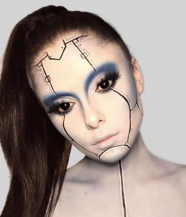 Robotic Makeup Look, Simple Robot Makeup, Robot Makeup Look Simple, Robot Halloween Makeup, Robot Makeup Cyborgs, Robotic Makeup, Robot Makeup Look, Cyberpunk Makeup Ideas, Futuristic Makeup Sci Fi